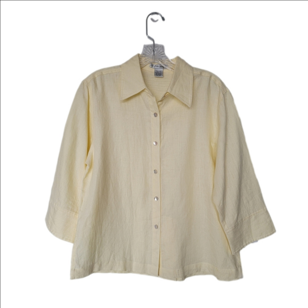 Vintage 100% Linen Light Yellow Women's Button-Down Shirt Size Medium